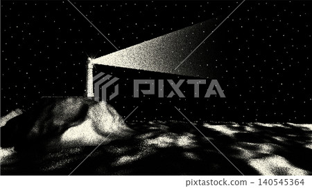 Retro stipple dot art lighthouse projecting a wide beam across a dark starry night sky over rugged rocky coast with reflected light on the sea Retro stipple dot art lighthouse projecting a wide beam across a dark starry night sky over rugged rocky coast with reflected light on the sea 140545364