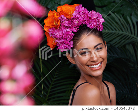 Portrait, smile and woman with flower crown for beauty, organic skincare and dermatology in tropical jungle. Exotic, nature and Spanish person with happiness for sustainable, cosmetics and wellness Portrait, smile and woman with flower crown for beauty, organic skincare and dermatology in tropical jungle. Exotic, nature and Spanish person with happiness for sustainable, cosmetics and wellness 140545378