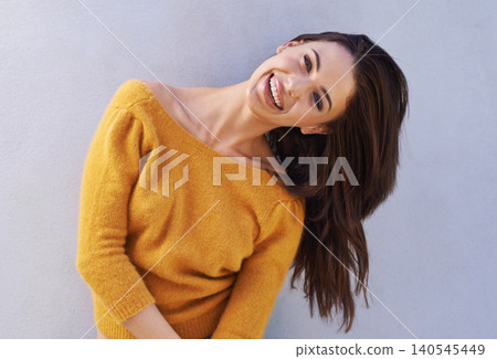 Portrait, fashion and happy woman on a wall, girl or funny model laughing isolated on purple background. Smile, face and beauty of young person in casual clothes, trendy or stylish sweater in Italy Portrait, fashion and happy woman on a wall, girl or funny model laughing isolated on purple background. Smile, face and beauty of young person in casual clothes, trendy or stylish sweater in Italy 140545449