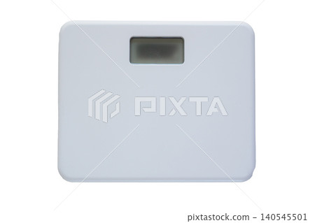 A top-down view of a simple digital weighing scale against a white background. A top-down view of a simple digital weighing scale against a white background. 140545501