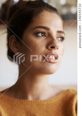 Woman, thinking and morning in home with ideas for planning for future holiday. Person, relax and remember a calm vacation memory in mind of day in hotel, villa or girl in house in reflection Woman, thinking and morning in home with ideas for planning for future holiday. Person, relax and remember a calm vacation memory in mind of day in hotel, villa or girl in house in reflection 140545710