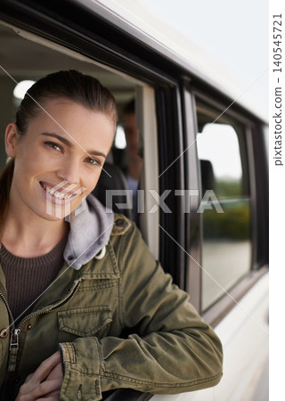 Portrait, woman or car as window on adventure, road trip or getaway for travel and leisure in Brazil. Smile, female person or traveler on driving holiday in motor transport as journey of exploration Portrait, woman or car as window on adventure, road trip or getaway for travel and leisure in Brazil. Smile, female person or traveler on driving holiday in motor transport as journey of exploration 140545721