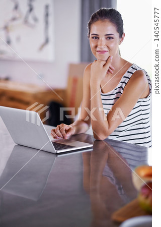 Kitchen, portrait and woman search with laptop for recipe, guide and online tutorial for dinner. Happy, chef and girl typing on computer and learning from blog about nutrition, diet and information 140545777