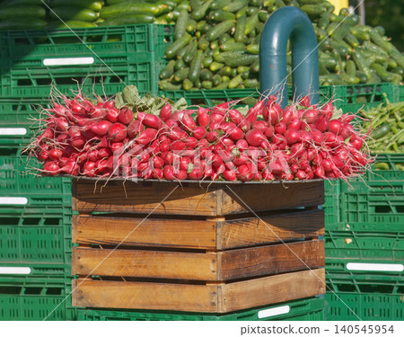 Fresh red radishes on wooden crate at farmers market in Dejvice Fresh red radishes on wooden crate at farmers market in Dejvice 140545954