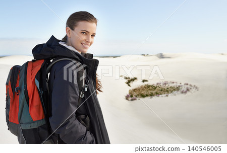 Portrait, sand dunes or happy woman in nature to hike for adventure, desert landscape and travel for holiday. Scenery, hiker and nomad explorer in Sahara terrain, outdoor and dry climate for view Portrait, sand dunes or happy woman in nature to hike for adventure, desert landscape and travel for holiday. Scenery, hiker and nomad explorer in Sahara terrain, outdoor and dry climate for view 140546005