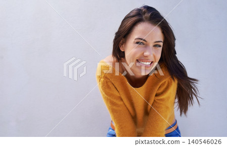 Portrait, fashion and smile of woman on a wall, model or girl isolated on a purple background mockup space. Face, beauty and happy person in casual clothes for trendy style in cool sweater in Italy Portrait, fashion and smile of woman on a wall, model or girl isolated on a purple background mockup space. Face, beauty and happy person in casual clothes for trendy style in cool sweater in Italy 140546026