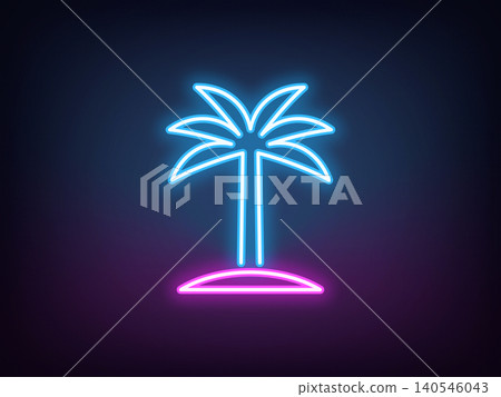 Outline neon palm tree, blue magenta. Neon coconut palm tree, tropical oasis. Exotic palm island and tropical paradise, summer holiday in Hawaii, California beach, vacation in Miami. Vector Outline neon palm tree, blue magenta. Neon coconut palm tree, tropical oasis. Exotic palm island and tropical paradise, summer holiday in Hawaii, California beach, vacation in Miami. Vector 140546043