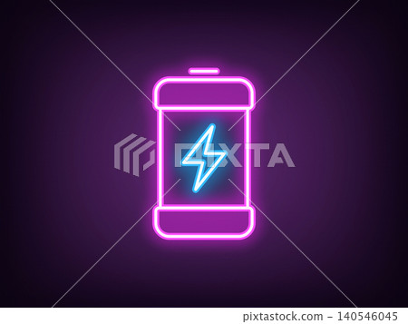 Outline neon electric battery, magenta blue. Neon battery with lightning icon, charging accumulator. Energy efficiency level, electricity consumption control, device power management. Vector Outline neon electric battery, magenta blue. Neon battery with lightning icon, charging accumulator. Energy efficiency level, electricity consumption control, device power management. Vector 140546045