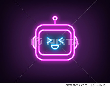 Outline neon laughing robot, blue magenta. Neon chat bot with laugh face. Friendly virtual assistant with emotion, cute bot emoji with AI algorithms, chatbot technology, digital helper. Vector Outline neon laughing robot, blue magenta. Neon chat bot with laugh face. Friendly virtual assistant with emotion, cute bot emoji with AI algorithms, chatbot technology, digital helper. Vector 140546049