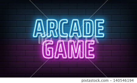 Neon text Arcade Game, blue magenta colors. Greeting promo banner with neon phrase Arcade Game. Glowing outline text, gaming arcade and retro videogames, play room. Vector illustration Neon text Arcade Game, blue magenta colors. Greeting promo banner with neon phrase Arcade Game. Glowing outline text, gaming arcade and retro videogames, play room. Vector illustration 140546194