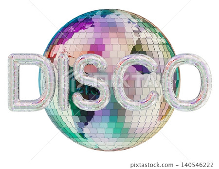 Disco ball globe with iridescent DISCO. 3D rendering Disco ball globe with iridescent DISCO. 3D rendering 140546222