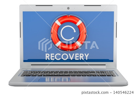 Laptop with recovery screen and lifebuoy. Data backup and system restore concept, 3d rendering Laptop with recovery screen and lifebuoy. Data backup and system restore concept, 3d rendering 140546224