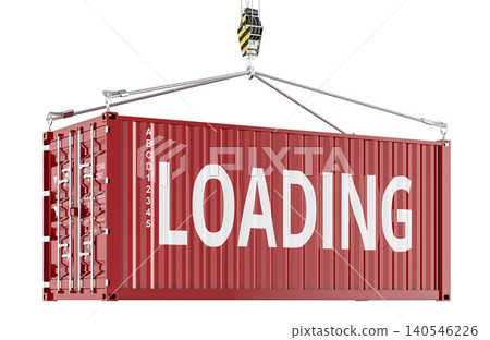 Loading shipping container lifted by crane hook. 3D rendering Loading shipping container lifted by crane hook. 3D rendering 140546226
