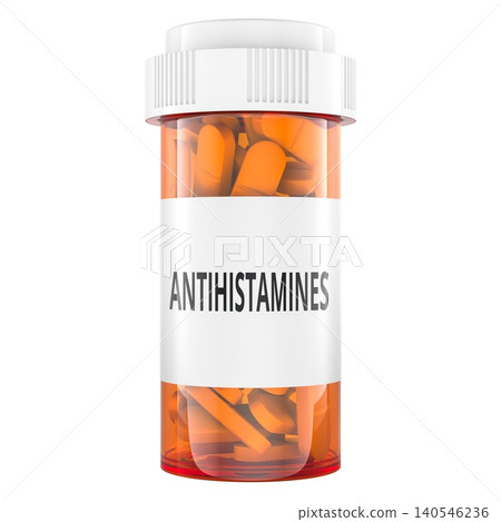 Antihistamines pill bottle with tablets. 3D rendering Antihistamines pill bottle with tablets. 3D rendering 140546236