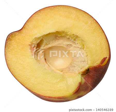 A juicy half of a ripe smooth nectarine with a hole in the center from the stone A juicy half of a ripe smooth nectarine with a hole in the center from the stone 140546289