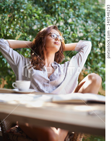 Cup, thinking and woman at coffee shop, cafe and restaurant to relax for tea, cappuccino and espresso on break. Gen z girl, female person and lady with vision, idea and book for reading outdoor 140546293