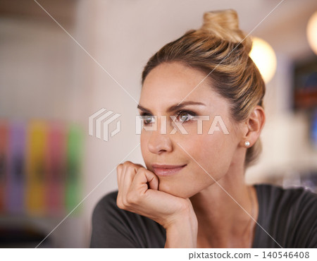 Face, relax and vision with woman in coffee shop on weekend for contemplation or inspiration. Future, planning and thinking with mature person in cafe or restaurant as customer for hospitality Face, relax and vision with woman in coffee shop on weekend for contemplation or inspiration. Future, planning and thinking with mature person in cafe or restaurant as customer for hospitality 140546408