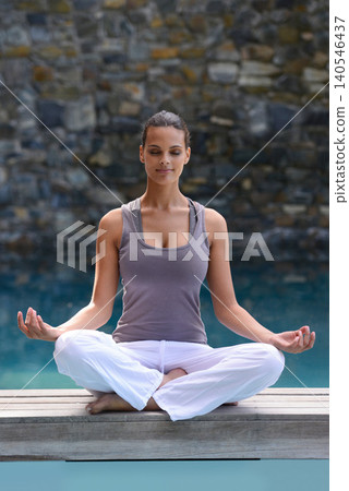 Woman, pool and zen with yoga, wellness and spiritual for meditation and vacation. Person, peace and focus with smile, relax and awareness on holiday at cape town poolside for summer happiness Woman, pool and zen with yoga, wellness and spiritual for meditation and vacation. Person, peace and focus with smile, relax and awareness on holiday at cape town poolside for summer happiness 140546437