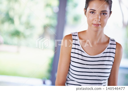 Home, confidence portrait of woman on mockup for leisure, chill and relax by window in house. Female person, break and serious face with comfort, enjoyment and wellness for me time in apartment Home, confidence portrait of woman on mockup for leisure, chill and relax by window in house. Female person, break and serious face with comfort, enjoyment and wellness for me time in apartment 140546477