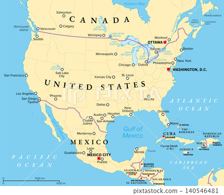 Canada below the territories, United States, and Mexico, political map, with capitals and largest cities. Canada south of 60, USA, and Mexico, with borders of countries, states, and provinces. Vector Canada below the territories, United States, and Mexico, political map, with capitals and largest cities. Canada south of 60, USA, and Mexico, with borders of countries, states, and provinces. Vector 140546481