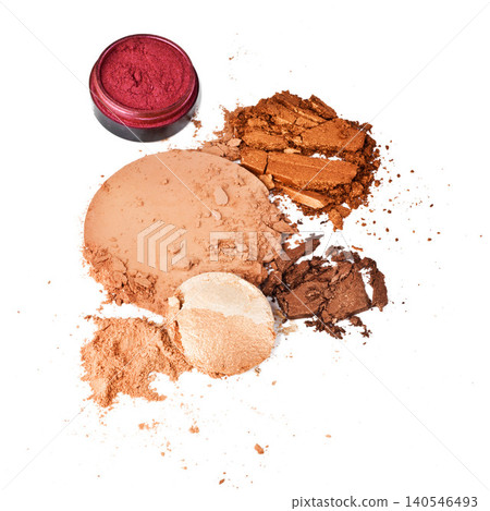 Product, powder and pastel for makeup, beauty and cosmetics crushed isolated on white background. Abstract, foundation and color for creativity, application and art for face with splatter in studio Product, powder and pastel for makeup, beauty and cosmetics crushed isolated on white background. Abstract, foundation and color for creativity, application and art for face with splatter in studio 140546493