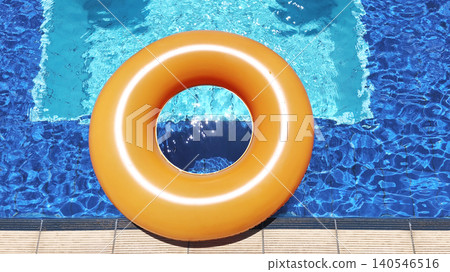 An orange inflatable swimming ring lies on the water of a hotel pool on a sunny summer day, with blue water visible through the hole in the ring. An orange inflatable swimming ring lies on the water of a hotel pool on a sunny summer day, with blue water visible through the hole in the ring. 140546516