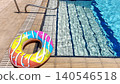 Colorful inflatable donut float beside a sparkling swimming pool on a sunny day, symbolizing summer vacation, relaxation, leisure, and fun outdoor recreation 140546518
