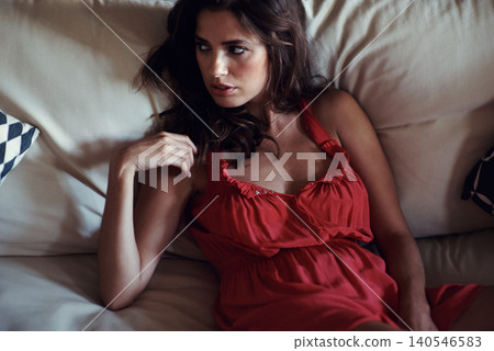 Sexy, thinking and woman on bed in home from above for feminine sensuality or to relax in a house. Fashion, bedroom and lingerie with confident young person in apartment for valentines day romance Sexy, thinking and woman on bed in home from above for feminine sensuality or to relax in a house. Fashion, bedroom and lingerie with confident young person in apartment for valentines day romance 140546583