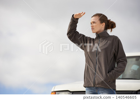 Car, road trip and thinking woman outdoor for location, search or holiday, adventure and exploration. Travel, stop and female person with vehicle in outside for route, planning or idea for journey Car, road trip and thinking woman outdoor for location, search or holiday, adventure and exploration. Travel, stop and female person with vehicle in outside for route, planning or idea for journey 140546605