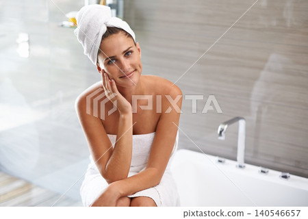 Bathroom, portrait and woman with smile for skincare or beauty for soft, smooth and shine on face. Morning, routine and female person with happiness for treatment of dermatology or cosmetology Bathroom, portrait and woman with smile for skincare or beauty for soft, smooth and shine on face. Morning, routine and female person with happiness for treatment of dermatology or cosmetology 140546657