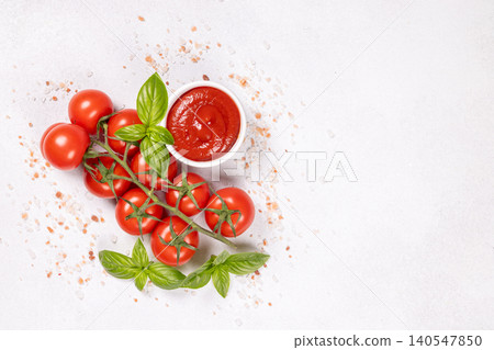 Fresh tomato ketchup with basil and pink salt Fresh tomato ketchup with basil and pink salt 140547850