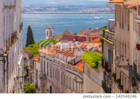 Historic Rooftops and Tagus River View from Lisbon Old Town Portugal Historic Rooftops and Tagus River View from Lisbon Old Town Portugal 140548246