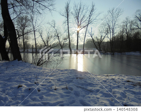Winter scene: sun shining through trees on frozen water surface. Winter scene: sun shining through trees on frozen water surface. 140548308