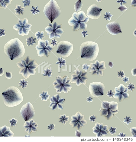 Seamless pattern of pressed hydrangea flowers in blue on a sage green background. Seamless pattern of pressed hydrangea flowers in blue on a sage green background. 140548346
