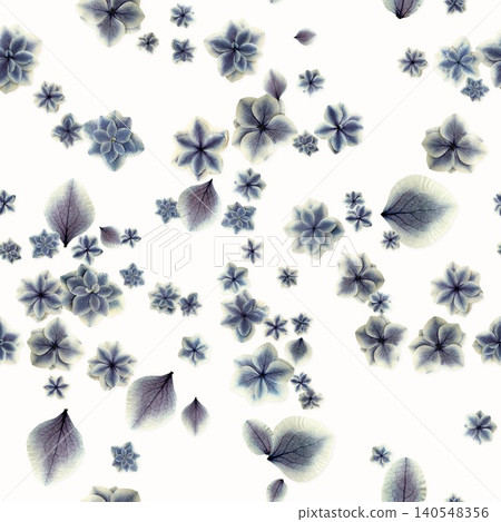 Pressed hydrangea flower dense seamless pattern in blue on a white background 140548356