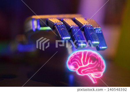 Robotic hand reaching towards a glowing neon brain, showcasing advanced technology and artificial intelligence concepts in a futuristic setting Robotic hand reaching towards a glowing neon brain, showcasing advanced technology and artificial intelligence concepts in a futuristic setting 140548392