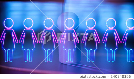 Neon gender symbols representing female figures in pink and blue colors, arranged in a row against a blurred background with soft lighting effects Neon gender symbols representing female figures in pink and blue colors, arranged in a row against a blurred background with soft lighting effects 140548396