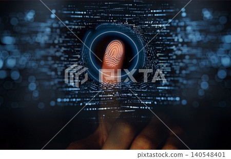 Fingerprint recognition technology displayed on a digital interface with binary code and glowing elements, emphasizing security and biometric identification systems Fingerprint recognition technology displayed on a digital interface with binary code and glowing elements, emphasizing security and biometric identification systems 140548401