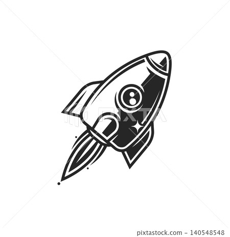 Retro rocket launching into space, black and white vector illustration, vintage tattoo style, stars and clouds background, bold outline Retro rocket launching into space, black and white vector illustration, vintage tattoo style, stars and clouds background, bold outline 140548548