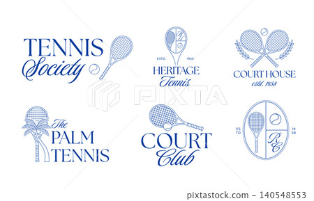 Vintage tennis club logo collection with tennis rackets, balls, palm tree, laurel branches and Vintage tennis club logo collection with tennis rackets, balls, palm tree, laurel branches and 140548553