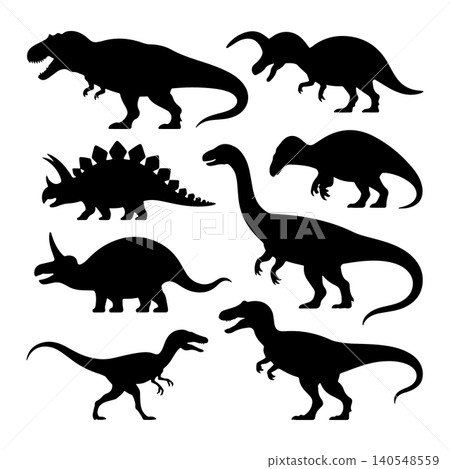Diverse silhouettes of dinosaurs showcasing various species in a simple design Diverse silhouettes of dinosaurs showcasing various species in a simple design 140548559
