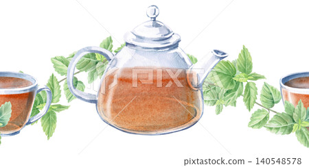A teapot and cup with lemon balm branches in a seamless border. Isolated watercolor illustration for drink menu designs, herbal tea packaging, cards, product labels, prints, and blog posts. 140548578