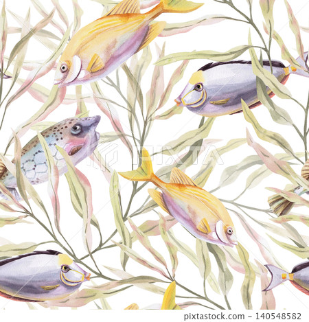A seamless pattern of various fish in delicate seaweed. Perfect for children's products, summer cards, beach decor, websites, textiles, packaging, and interior design. 140548582