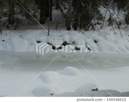 Beautiful partially transparent ice on frozen river under forest. Beautiful partially transparent ice on frozen river under forest. 140548618
