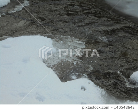 Closeup on flowing cold river during snowy winter 140548642