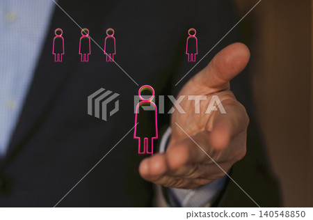 Businessman in a suit extends hand with digital icons of diverse people representing teamwork and collaboration in a professional setting 140548850