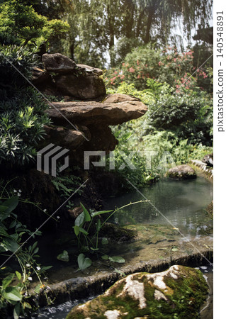 Tranquil garden scene featuring a rocky water feature surrounded by lush greenery, plants, and flowers creating a serene natural environment Tranquil garden scene featuring a rocky water feature surrounded by lush greenery, plants, and flowers creating a serene natural environment 140548891