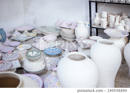 Collection of handcrafted ceramic pottery displayed on a table, featuring various shapes, sizes, and intricate designs in a workshop setting 140548894