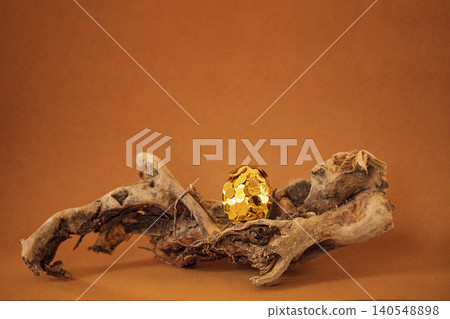 Decorative golden egg resting on a twisted piece of driftwood against a warm brown background, showcasing a unique artistic arrangement for home decor 140548898
