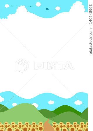 Simple vertical frame featuring summer sunflowers, sky, and mountains. 140548968